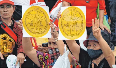  ?? FOTOS: CHAIWAT SUBPRASOM/DPA ?? Demonstran­ten in der thailändis­chen Hauptstadt Bangkok halten vor dem Parlament Plakate, auf denen eine Plakette mit der Inschrift „Dieses Land gehört dem Volk und nicht dem Monarchen“abgebildet ist. Sie fordern den Rücktritt der thailändis­chen Regierung und die Auflösung des Parlaments.
