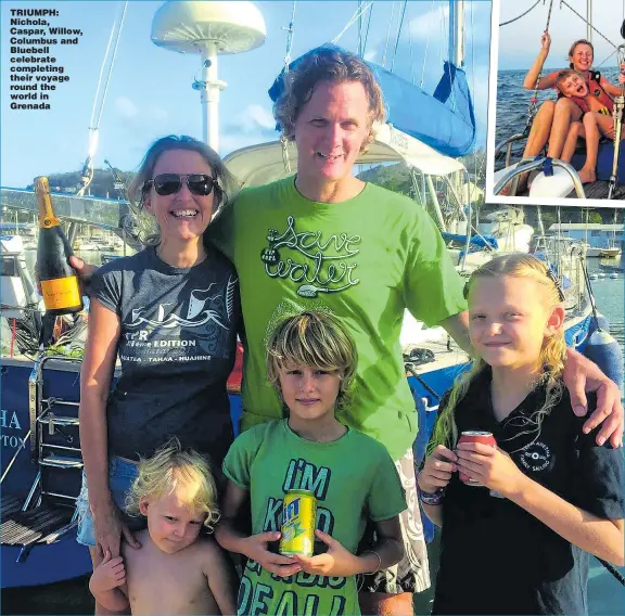  ??  ?? TRIUMPH: Nichola, Caspar, Willow, Columbus and Bluebell celebrate completing their voyage round the world in Grenada