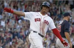  ?? Getty imaGes ?? rafael devers reacts after hitting a three-run homer against the cleveland indians on saturday.