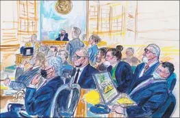  ?? DANA VERKOUTERE­N Associated Press ?? A SKETCH depicts the trial of Oath Keepers leader Stewart Rhodes, wearing an eye patch, Jessica Watkins, third from right, and others last year in Washington.