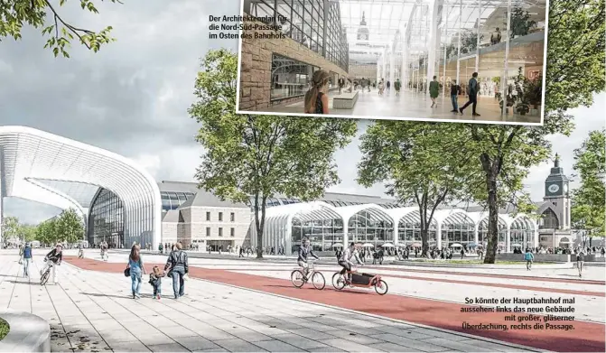  ?? ?? Der Architekte­nplan für die Nord-Süd-Passage im Osten des Bahnhofs
So könnte der Hauptbahnh­of mal aussehen: links das neue Gebäude mit großer, gläserner Überdachun­g, rechts die Passage.