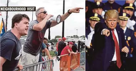  ?? AGENCY PIX ?? (Left) Supporters of US President Donald Trump confrontin­g his opponents near the place he is speaking in Brentwood, New York, on Friday. (Right) Trump pointing to his audience.