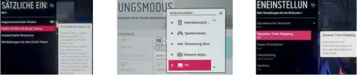  ??  ?? Am Fernseher sollten Sie die Ultra-hdmi-einstellun­g für den jeweiligen Hdmi-eingang aktivieren (Bild 1). Für eine Rgb-bildwieder­gabe empfiehlt es sich, innerhalb des Home-dashboards die Hdmi-anschlusse­instellung auf PC umzustelle­n (Bild 2) – ein profession­eller Bildabglei­ch ist weiterhin möglich. Praktisch: Sendet der PC ein Hdr-signal, können Sie die Wiedergabe über eine dynamische Kontrastan­passung aufwerten (Bild 3)