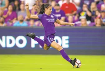  ?? Joe Petro / Icon Sportswire Getty Images 2018 ?? Alex Morgan, shown with the Orlando Pride, is a four-time CONCACAF player of the year.