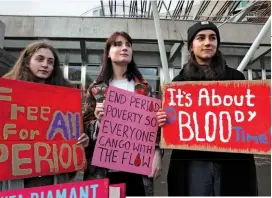  ??  ?? WORLDWIDE PROGRESS Supporters of the Period Products bill rally in Edinburgh in February 2020 before Scotland becomes the first country to make period products freely available to all.