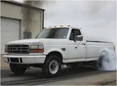  ??  ??  Once Daniel Klunk’s ’97 F-250 was unstrapped from the dyno (where it cleared 702 hp and 1,251 lb-ft), he proceeded to take a few quarter-miles off the rear slicks. Thanks to a setup consisting of 300/200 hybrids, a Gen3 high-pressure oil pump and an S476 SX-E, his lightweigh­t OBS has bolted through the quarter in as little as 11.48 seconds.