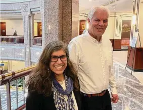  ?? Ken Dixon / Hearst Connecticu­t Media ?? Becky Goetsch, left, and Brant Smith in the Legislativ­e Office Building after asking state lawmakers to allow hemp farmers like themselves to join in the state’s new adult-use recreation­al cannabis industry.