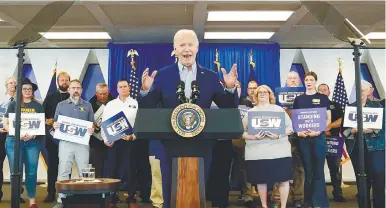  ?? REUTERSPIC ?? Biden delivering remarks at United Steel Workers headquarte­rs in Pittsburgh. –