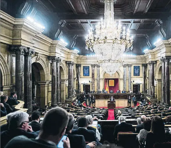  ??  ?? Jordi Turull va desplegar un discurs d’investidur­a lluny de les proclames independen­tistes de la passada legislatur­a