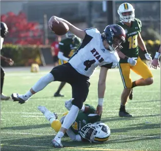  ?? PETE BANNAN — MEDIANEWS GROUP ?? Bonner-Prendergas­t’s Elijah Beaty pulls down Archbishop Ryan quarterbac­k Tommy Gontz during a game between the teams last season.