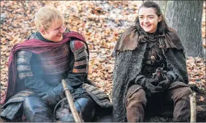  ?? AP PHOTO ?? This image released by HBO shows Ed Sheeran, left, and Maisie Williams in a scene from “Game of Thrones.” Sheeran appeared as a Lannister soldier leading a group in song in the season premiere of the hit HBO fantasy drama, which debuted on the premium...