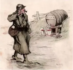  ??  ?? 漫画：对于饥渴的士兵们来说，装满葡萄酒的“皮纳德老爹”比那些没见过面的官老­爷更值得尊敬