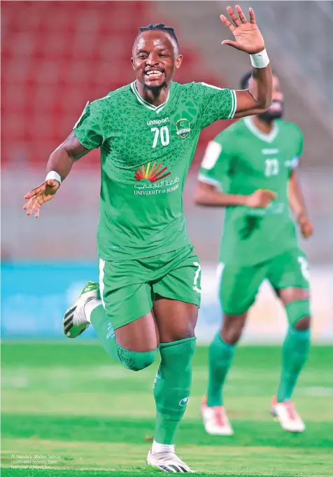  ?? ?? Al Nahda’s Walter Sabua celebrates scoring their first goal against Ibri.