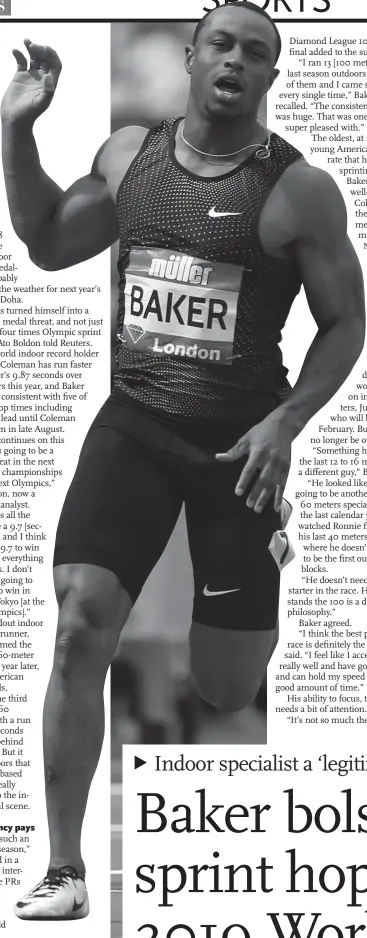  ?? Photo: VCG ?? American Ronnie Baker reacts after winning the men’s 100 meters final race at the Muller Anniversar­y Games on July 21 in London, England.