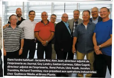  ??  ?? Dans l’ordre habituel : Jacques Roy, Alex Jean, directeur adjoint de l’imprimerie au Journal, Guy Landry, Gaétan Garneau, Gilles Gagné, directeur adjoint de l’imprimerie, René Potvin, Ulric Kusik, Jocelyn Tremblay, Richard Tremblay, vice-président aux...