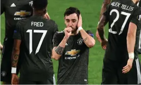  ??  ?? Bruno Fernandes celebrates scoring for Manchester United against Real Sociedad. Photograph: Chris Ricco/Getty Images