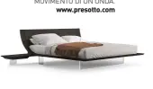  ??  ?? SOLIDO LIQUIDO SUPERFICIE UNICA IN MULTISTRAT­O CURVATO, IL LETTO AQUA DI PRESOTTO DISEGNA IL SUO MORBIDO PROFILO SU UN SOLIDO PLASMATO COME UN FOGLIO, RICORDANDO IL MOVIMENTO DI UN’ONDA. www.presotto.com