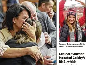  ?? COLUMBUS DISPATCH ?? Reagan Tokes’ parents, Toby and Lisa McCrary-Tokes, and her sister, Makenzie, react as the verdicts are read in the trial of the man who murdered Reagan. Reagan Tokes was an Ohio State University student.