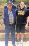  ?? COURTESY OF RICHARD TRIPP ?? West Las Vegas’ D.J. Bustos, right, stands beside Alfred Romero Jr., who set the state scoring mark in 1977.