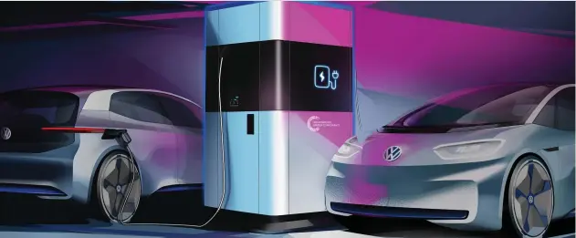  ??  ?? Poweringup: An artist’s impression of a VW charger of the future which will consist of a 360 kw-hour battery that can serve enough electricit­y for as many as 15 EVs, in about 17 minutes for each one