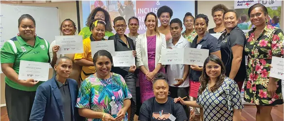  ?? ?? Participan­ts of the WINS workshop at the Suva Business Centre on May 5, 2022. Front (from left): Adi Lewanavanu­a, Jacqueline Speight, Melinda Saga’itu and WINS trainer Rica Roy. Middle: (from left): Ema Levaci, Karalaini Tavi, Maylin Chang, Talei Matairakul­a, Australian High Commission’s first secretary Melissa Tipping, Penelope Pickering, Eleina McDonald, Akanisi Drasuna and Sofaia Koroitanoa. Back: Ruci Mafi, Venina Rakautoga, Paulini Ratulailai, Lavenia Yalovi and Sereana Salalo.