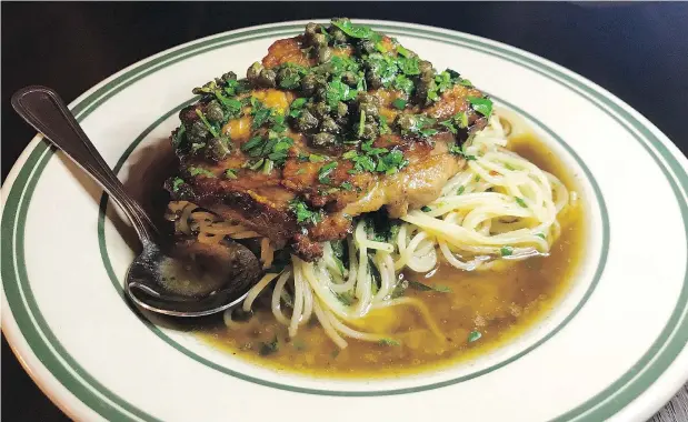  ??  ?? Chicken piccata at Pepino’s comes with a choice of spaghetti, crispy potatoes or broccoli.