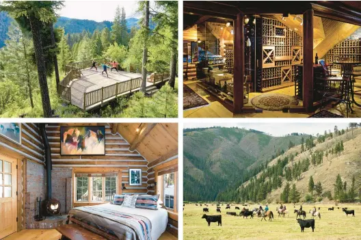  ?? TRIPLE CREEK RANCH ?? At Triple Creek Ranch in Montana, guests can enjoy, clockwise from top left, outdoor yoga, an extensive wine cellar, horseback activities and stays in log cabin rooms.