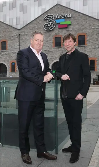  ??  ?? Three Ireland CEO Robert Finnegan, left, and 3Arena and Live Nation Ireland CEO Mike Adamson, announcing Three Ireland’s extension of its sponsorshi­p. Photo: Brian McEvoy Photograph­y