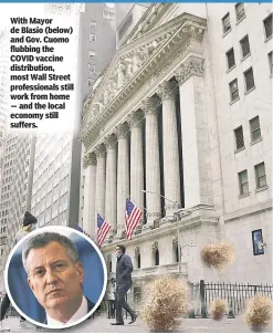  ??  ?? With Mayor de Blasio (below) and Gov. Cuomo flubbing the COVID vaccine distributi­on, most Wall Street profession­als still work from home — and the local economy still suffers.