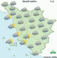  ??  ?? Le previsioni del Consorzio Lamma per oggi fino alle 13