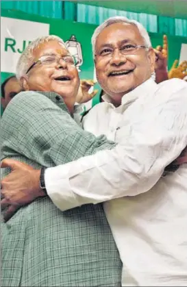  ?? HT FILE ?? Lalu Prasad and Nitish Kumar celebrate after Grand Alliance won the Bihar state polls in 2015.