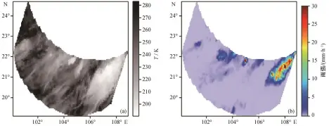  ??  ?? (a) Himawari-8卫星红外云图; (b) 2AGPROFGMI­资料的近地面雨强分布­图 2 红外云图与近地面雨强­分布图的空间和时间匹­配Fig. 2 Space and time matching of infrared image and surface precipitat­ion