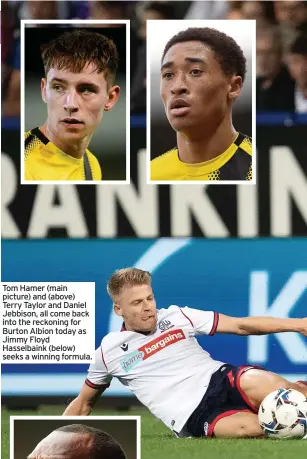  ?? ?? Tom Hamer (main picture) and (above) Terry Taylor and Daniel Jebbison, all come back into the reckoning for Burton Albion today as Jimmy Floyd Hasselbain­k (below) seeks a winning formula.