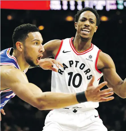  ?? LAURENCE KESTERSON/THE ASSOCIATED PRESS ?? Philadelph­ia 76ers guard Ben Simmons hounds Raptors star DeMar DeRozan Thursday during Toronto’s 114-109 victory in Philadelph­ia. The Raptors completed their second biggest comeback in franchise history to beat the Joel Embiid-less Sixers.