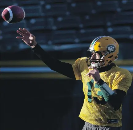  ?? JASON FRANSON/THE CANADIAN PRESS ?? Edmonton Eskimos quarterbac­k Mike Reilly will be operating at 100 per cent when he faces the Calgary Stamps in Sunday’s West final at Commonweal­th Stadium.
