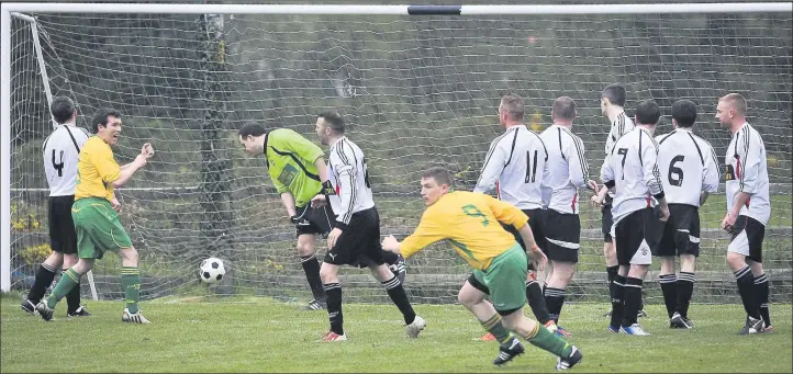  ??  ?? Rathnew AFC A’s Mark ‘Yaboah’ Doyle wheels away to celebrate after his free kick rocketed into the back of the Arklow Town FC net. Photo: Garry O’Neill.