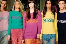  ??  ?? Pullover Era un po’ sparito, specie a girocollo e «peloso». È ritornato alla grande, coccoloso e rassicuran­te. Senza un colore di tendenza ma tanti, anzi tutti. Qui il «rainbowwee­k» di Alberta Ferretti