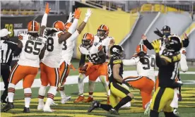  ??  ?? The Cleveland Browns celebrate a first-half touchdown against the Steelers. Photograph: Charles LeClaire/USA Today Sports