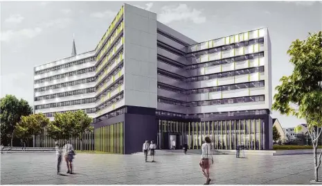  ?? Entwurf: Architektu­rbüro Aldinger, Stuttgart ?? Die Veränderun­gen durch die neue Fassade sind auf den ersten Blick nicht gravierend. Aber das Rathausgeb­äude soll durch den neuen Sockel auf Passanten ganz anders wirken.