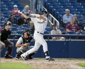  ?? JOHN BLAINE — FOR THE TRENTONIAN ?? Thunder’s Greg Bird swings at a pitch during Monday night’s game against Akron. Bird is on a Yankees rehab assignment.