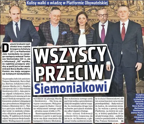  ??  ?? Ta piątka powalczy o schedę po Schetynie. Od lewej: Borys Budka, Bartłomiej Sienkiewic­z, Joanna Mucha, Bogdan Zdrojewski i Tomasz Siemoniak