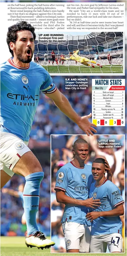  ?? ?? UP AND RUNNING: Gundogan fires past Travers for the opener
ILK AND HONEY: Skipper Gundogan celebrates putting Man City in front
LITTLE AND LARGE: Haaland hugs scorer Foden