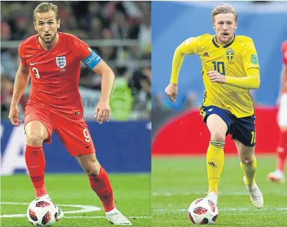  ??  ?? England forward Harry Kane, left, and Sweden midfielder Emil Forsberg will come face to face in Samara.