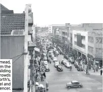  ??  ?? The sales in Broadmead, 1957, as seen from the roof of the Post building in Silver Street. Crowds outside Woolworth’s, Dolcis, H. Samuel and (left) Marks & Spencer.