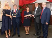  ??  ?? Lord Mayor Cllr Tony Fitzgerald and his wife making presentati­ons to Miriam O’Callaghan and David McCullogh. Also pictured is awards founder Manus O’Callaghan from Mallow.