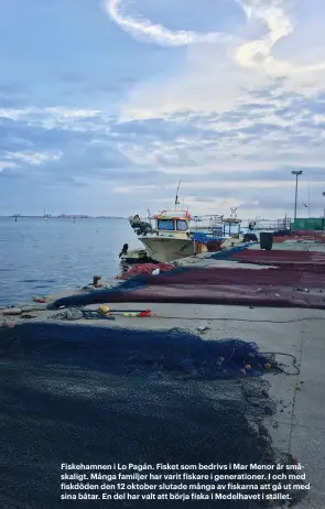  ??  ?? Fiskehamne­n i Lo Pagán. Fisket som bedrivs i Mar Menor är småskaligt. Många familjer har varit fiskare i generation­er. I och med fiskdöden den 12 oktober slutade många av fiskarna att gå ut med sina båtar. En del har valt att börja fiska i Medelhavet i stället.