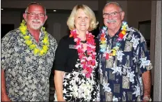  ?? NWA Democrat-Gazette/CARIN SCHOPPMEYE­R ?? Bill Bowen (from left), Jenna Johnston and Pat Pickett, Elizabeth Richardson Center board members, welcome guests to the Beach Bingo Bash.