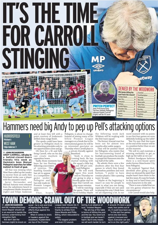  ??  ?? PRITCH PERFECT Alex Pritchard fires Terriers ahead; Pellegrini (above) hopes Carroll (right) will be fit soon