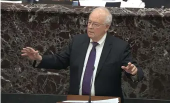  ?? AP ?? SLOW YOUR ROLL: Ken Starr, an attorney for President Trump, speaks during the impeachmen­t trial in Washington, D.C., on Monday, saying the country is growing too quick to try to impeach presidents.