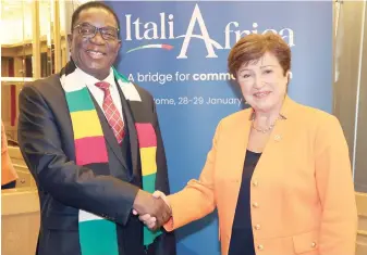  ?? ?? President Mnangagwa meets IMF managing director Ms Kristalina Georgievai, at Pallazzo Madama, venue of the Italy-Africa Summit in Rome on Monday. — Picture: Presidenti­al Photograph­er Tawanda Mudimu